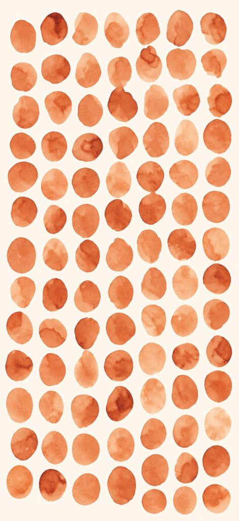Rows of evenly spaced, hand-painted orange watercolor circles on a light background, forming a simple, repeating polka dot pattern.