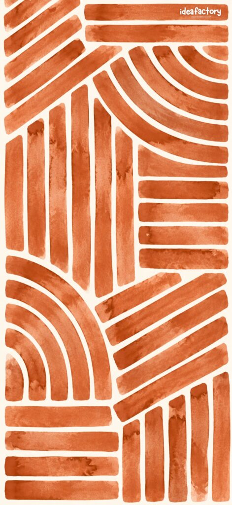 Abstract pattern of curved and straight terracotta lines on a white background, forming geometric shapes. The top right corner features the idea factory logo in small white text on an orange block.