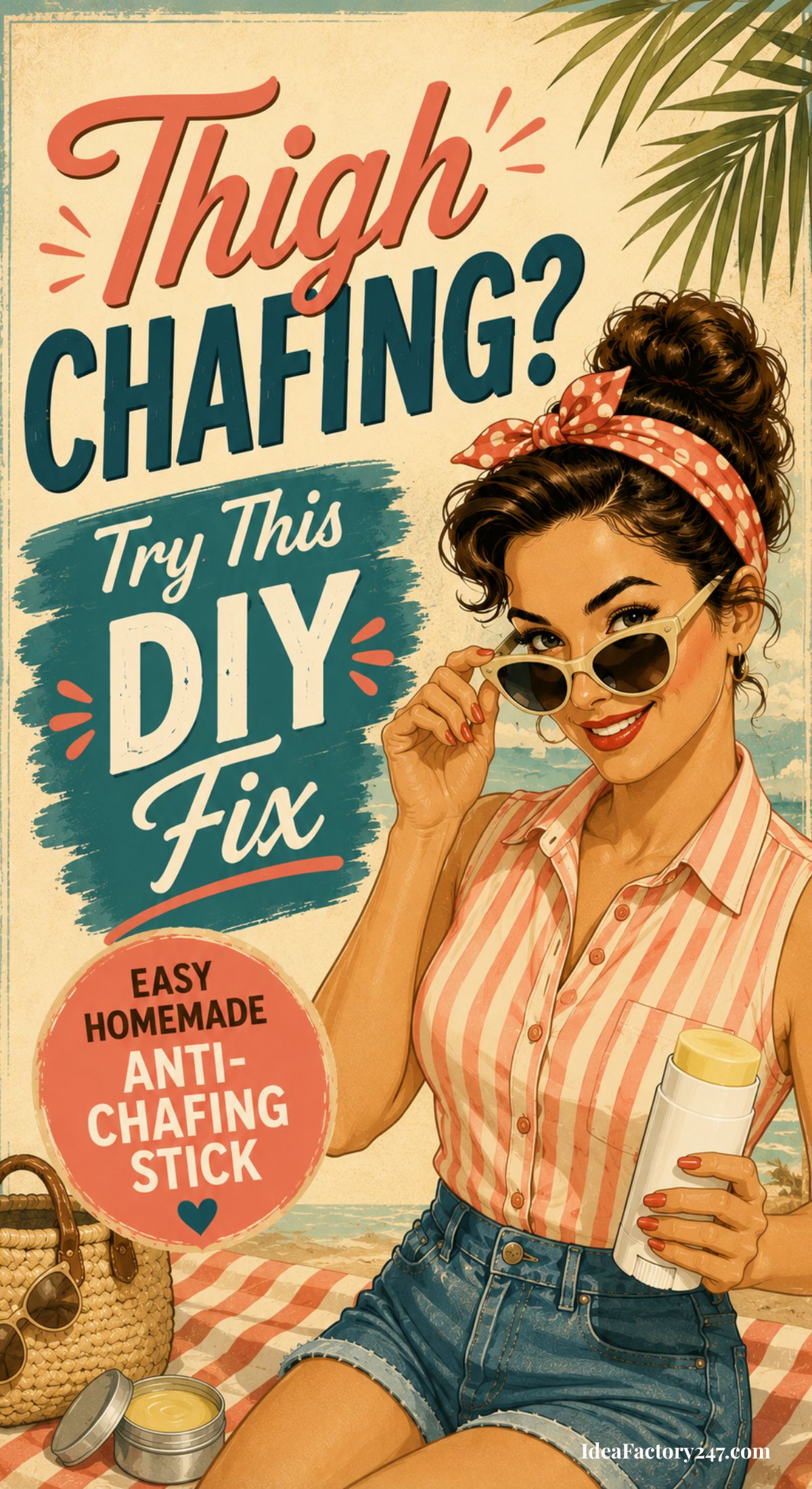 Retro-style illustration of a woman in a pink striped shirt and sunglasses holding a DIY Anti-Chafing Stick, with text promoting this homemade fix for thigh chafing. Set in a tropical scene with palm leaves and a picnic basket.