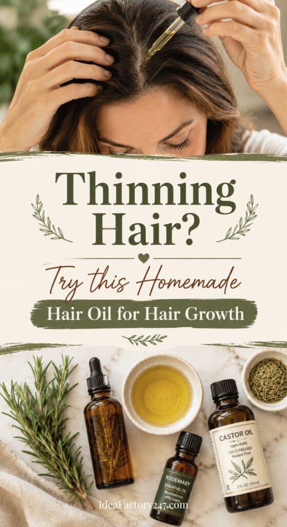 A woman applies hair oil to her scalp above text reading Thinning Hair? Try this Homemade Rosemary Hair Oil for Hair Growth. Below are bottles of oil, rosemary, and a small bowl of yellow oil on a table.