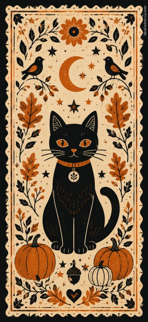 A black cat with orange eyes sits between pumpkins, surrounded by autumn leaves, flowers, birds, stars, and a crescent moon in a folk art style. The color palette is orange, black, and cream.