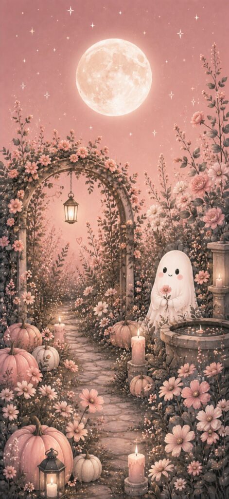 A cute ghost holds a flower in a dreamy garden with pink flowers, pumpkins, candles, an archway, and a glowing full moon in a pink sky.
