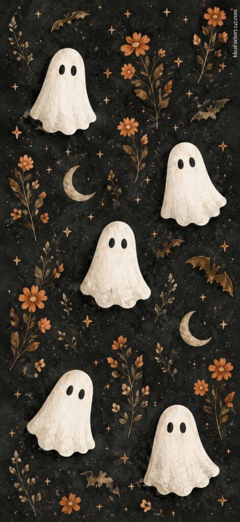Five cute cartoon ghosts float among orange flowers, brown leaves, bats, crescent moons, and stars on a dark background. Perfect as a cute ghost wallpaper, the image captures an autumn and Halloween theme with its charming details.