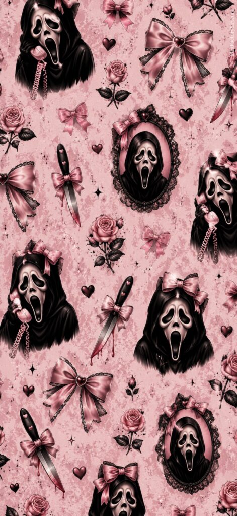 Pattern with Ghostface masks, pink bows, roses, hearts, ornate mirrors, and knives with pink handles on a pink textured background. Elements repeat in a seamless, spooky yet cute style.