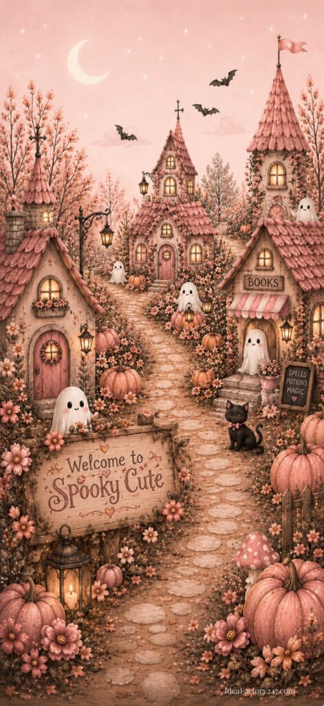 A whimsical Halloween village with ghostly figures, pumpkins, autumn trees, cozy cottages, bats, a black cat, and a sign reading Welcome to Spooky Cute under a crescent moon in a soft, pastel palette—perfect as cute Halloween wallpaper for adding charm to any space.