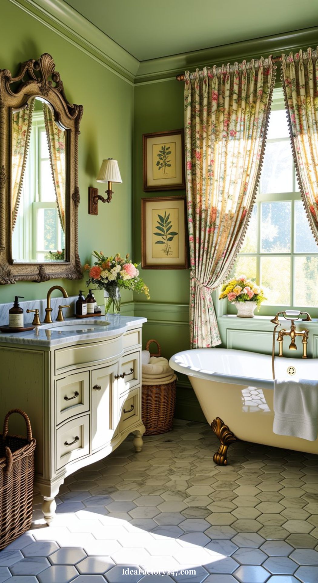 Whimsical bathroom charm radiates from this vintage space with green walls, floral curtains, and a classic clawfoot tub. An ornate mirror hangs above the vanity, which is adorned with fresh flowers, while framed botanical prints add character. Natural light streams through large windows onto hexagonal floor tiles, enhancing the room’s playful elegance.