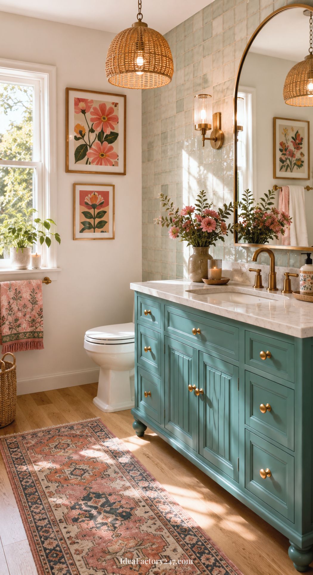 Whimsical bathroom featuring a bright teal vanity, gold fixtures, floral art, round mirror, woven lights, and playful pink accents. Potted plants and a patterned rug on the wood floor enhance the charm, while sunlight streams through a window to complete this inviting space.