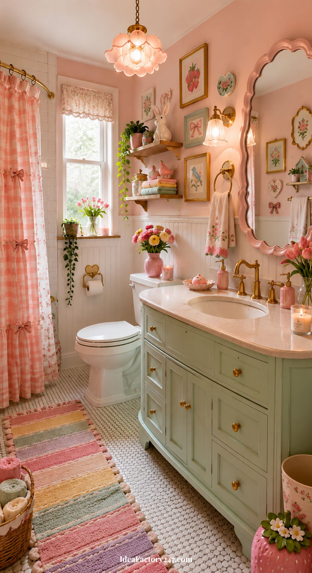 A whimsical bathroom in pastel pink and mint green features charming floral decor, a vanity, mirror, and toilet. Wicker baskets provide stylish storage, while a striped rug adds playful contrast. Shelves adorned with plants, a flower-shaped light fixture, and a gingham shower curtain complete the enchanting space.