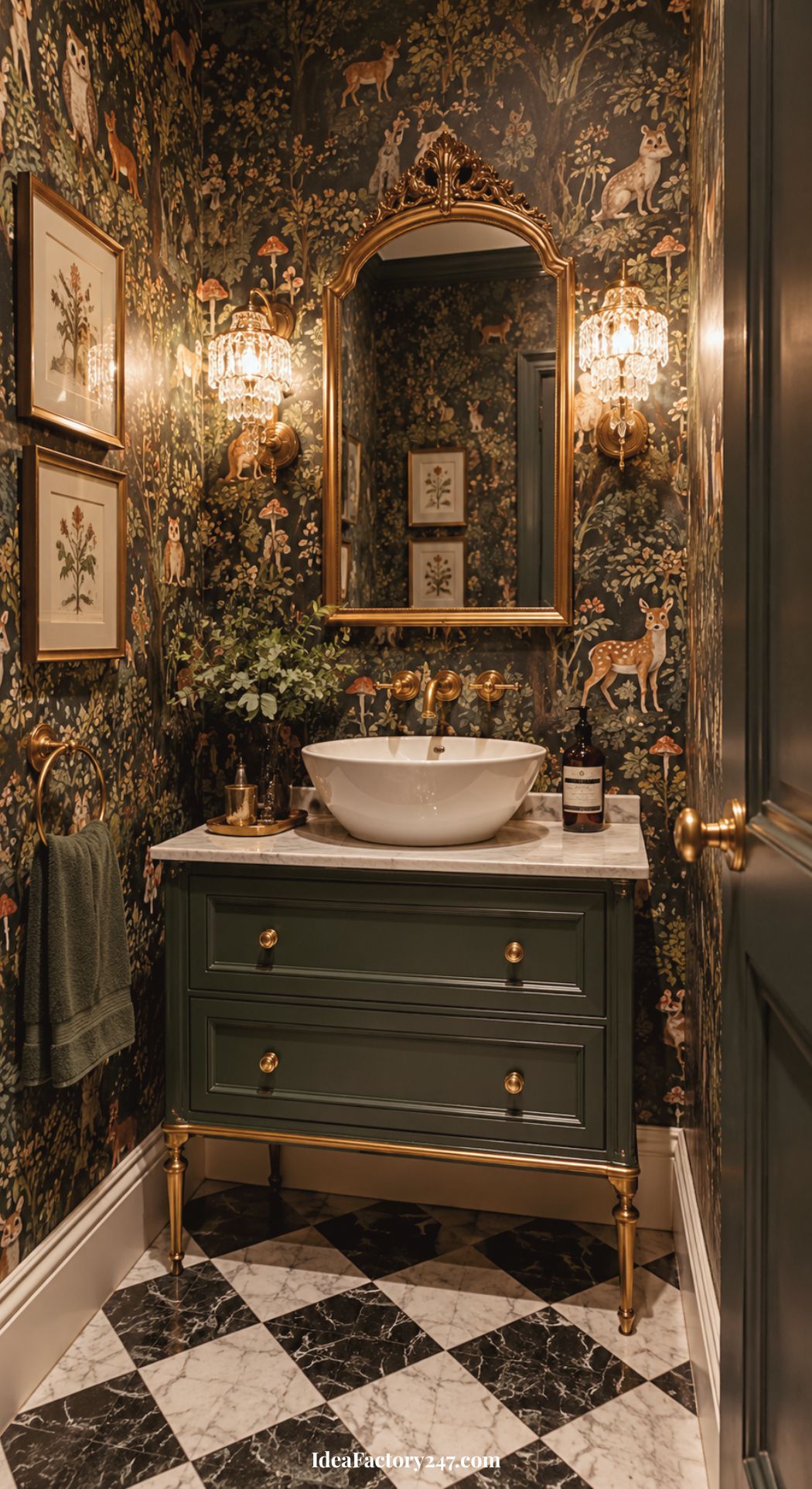 A small, elegant bathroom with floral and animal wallpaper, a gold-framed mirror, marble countertop, green vanity, black-and-white tiled floor, and brass fixtures. Two wall sconces provide warm lighting.