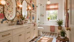 A bright, whimsical bathroom with floral wallpaper, double sinks, round mirrors, brass fixtures, a bathtub with striped curtain, patterned floor tiles, and potted plants on a mat near a sunlit window.