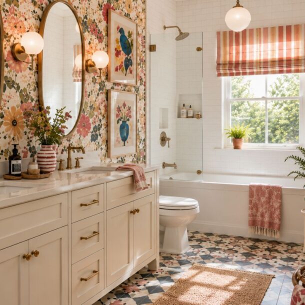 A bright, whimsical bathroom with floral wallpaper, double sinks, round mirrors, brass fixtures, a bathtub with striped curtain, patterned floor tiles, and potted plants on a mat near a sunlit window.