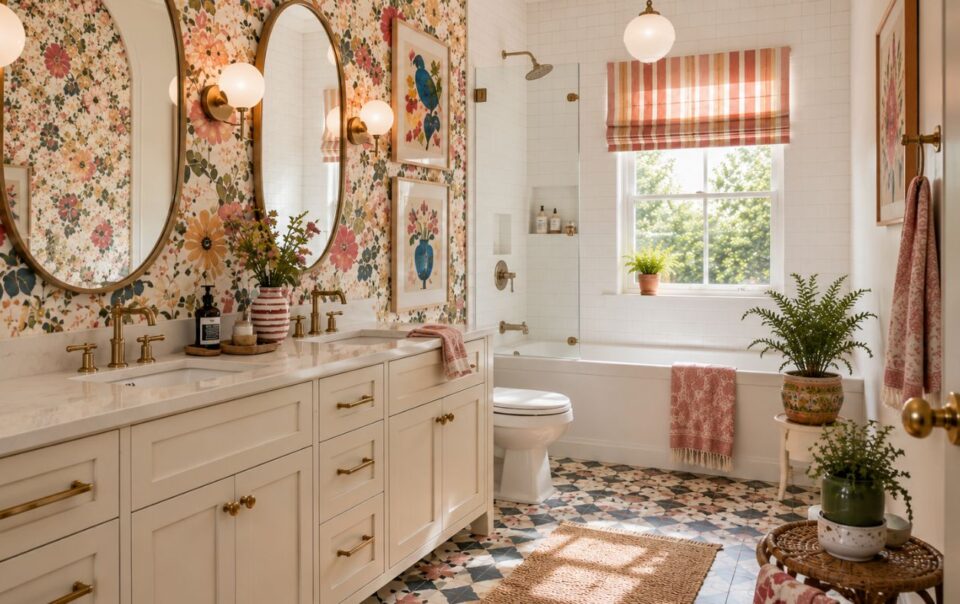A bright, whimsical bathroom with floral wallpaper, double sinks, round mirrors, brass fixtures, a bathtub with striped curtain, patterned floor tiles, and potted plants on a mat near a sunlit window.