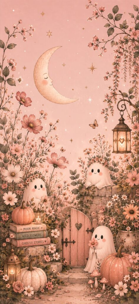 Whimsical scene with three cute ghosts in a flower garden, pumpkins, glowing lantern, crescent moon, butterflies, and a small pink gate. Stacks of books labeled “Moon Magic,” “Wild Flowers,” and “Ghostly Stories.”.