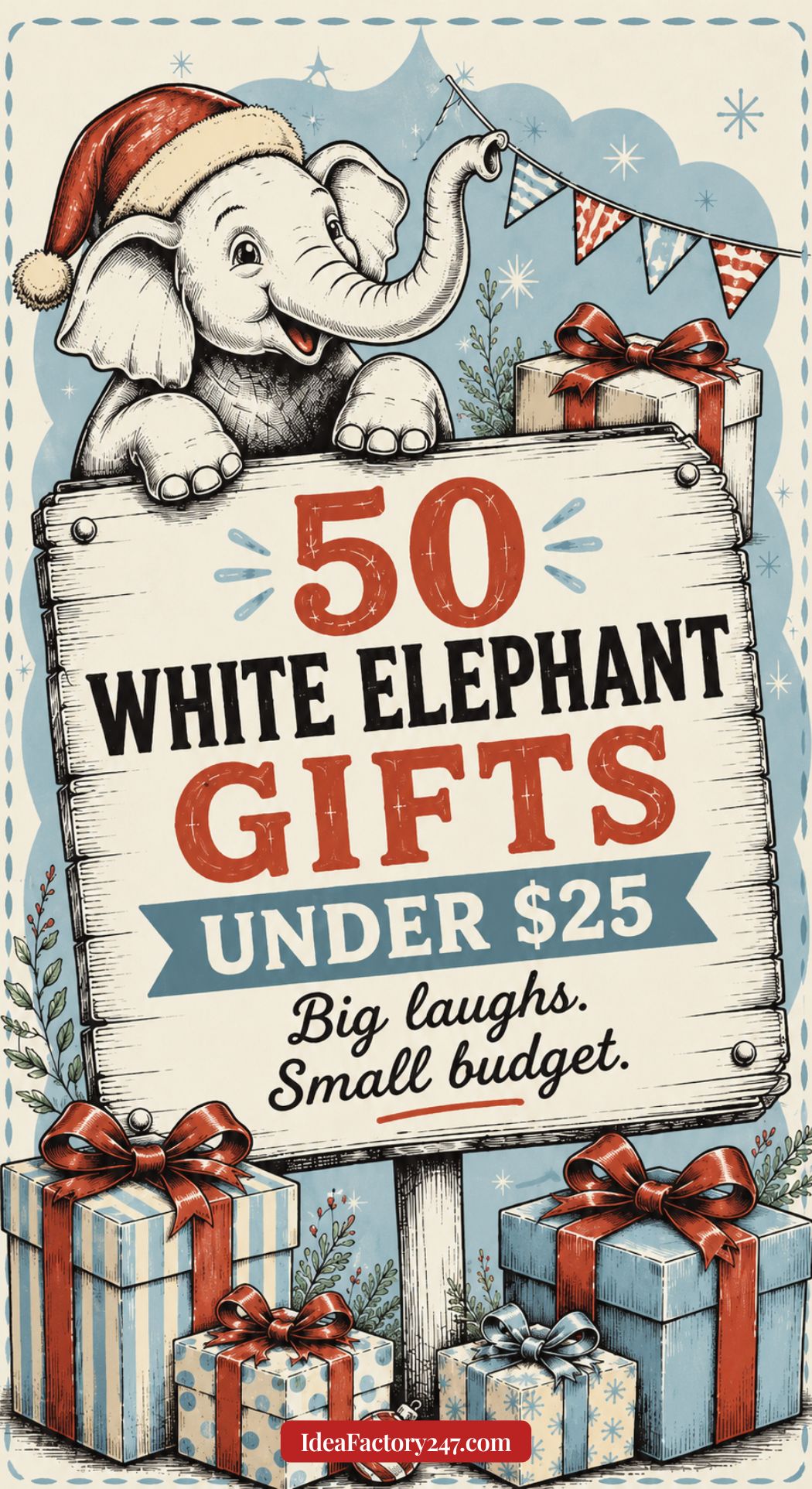 A festive elephant in a Santa hat holds a sign reading “50 White Elephant Gifts Under $25. Big laughs. Small budget.” with wrapped gifts and holiday décor around it.
