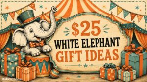 A cartoon elephant in a top hat stands beside a sign reading $25 White Elephant Gift Ideas, surrounded by colorful wrapped presents and a circus tent backdrop.