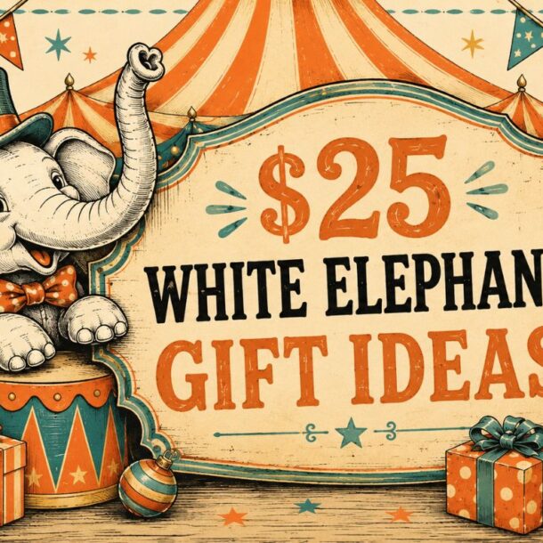 A cartoon elephant in a top hat stands beside a sign reading $25 White Elephant Gift Ideas, surrounded by colorful wrapped presents and a circus tent backdrop.