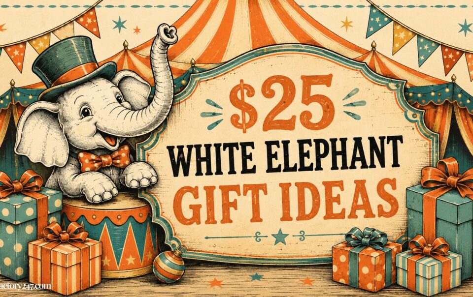 A cartoon elephant in a top hat stands beside a sign reading $25 White Elephant Gift Ideas, surrounded by colorful wrapped presents and a circus tent backdrop.