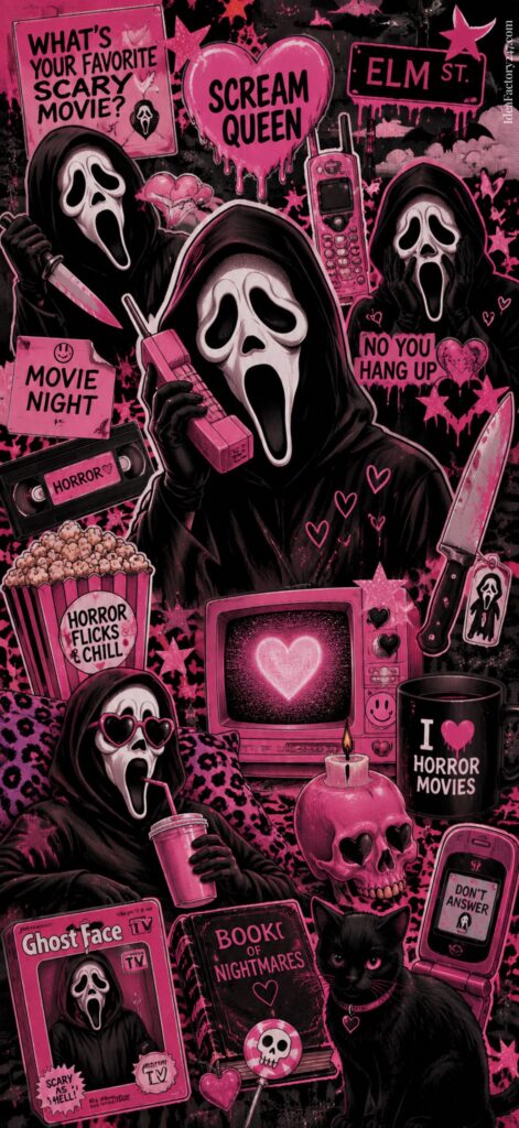A collage of ghost-faced figures, horror movie icons, popcorn, phones, knives, a black cat, and horror paraphernalia in pink and black tones creates the perfect cute ghost wallpaper vibe. Featuring phrases like Scream Queen, Movie Night, and I love horror movies.