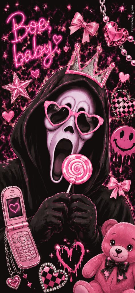 A hooded figure with a ghost mask wears pink heart sunglasses, holds a lollipop, and is surrounded by pink crowns, bows, hearts, a teddy bear, flip phone, and neon Boo, baby text with a black and pink background—perfect for anyone looking for an aesthetic Ghostface Wallpaper.