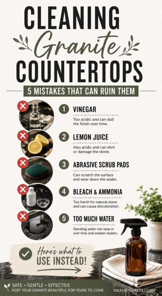 Infographic listing 5 mistakes when cleaning granite countertops: using vinegar, lemon juice, abrasive scrub pads, bleach & ammonia, and too much water. Highlights how similar cleaning errors—like improper methods that cause hard water stains on shower doors—can also damage granite surfaces. Includes a spray bottle and cleaning icons on a white background.
