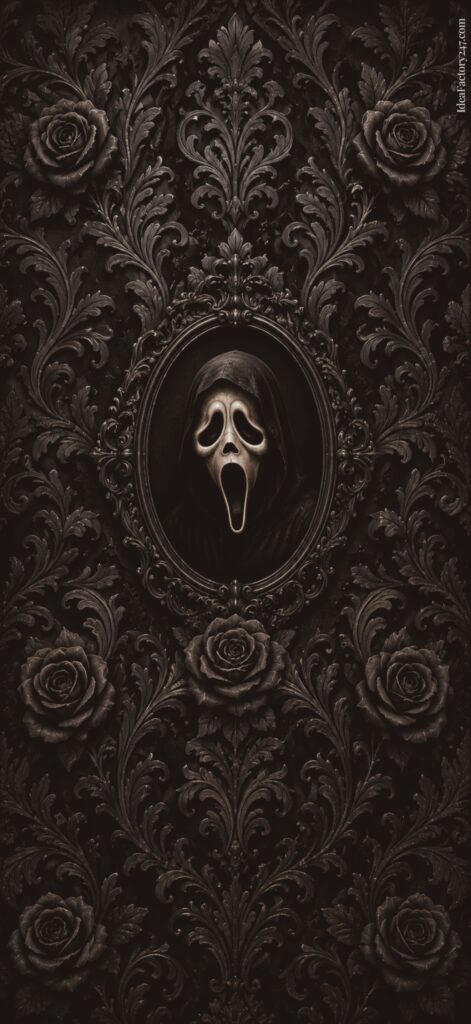 A dark ornate wallpaper with roses and swirling patterns frames an oval portrait of a masked figure with a screaming expression, reminiscent of the Scream mask.