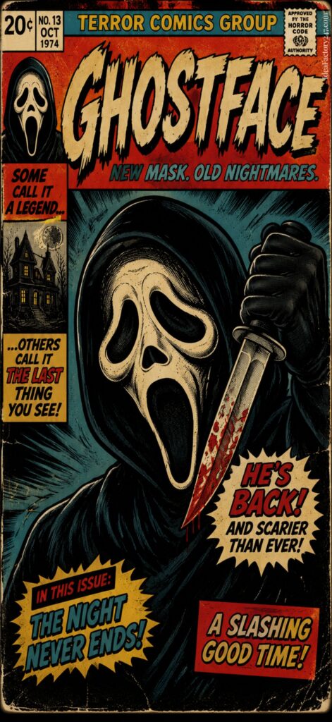 Comic book cover showing Ghostface holding a bloody knife, with dramatic headlines like He’s back! and The night never ends!, styled in a vintage horror theme.
