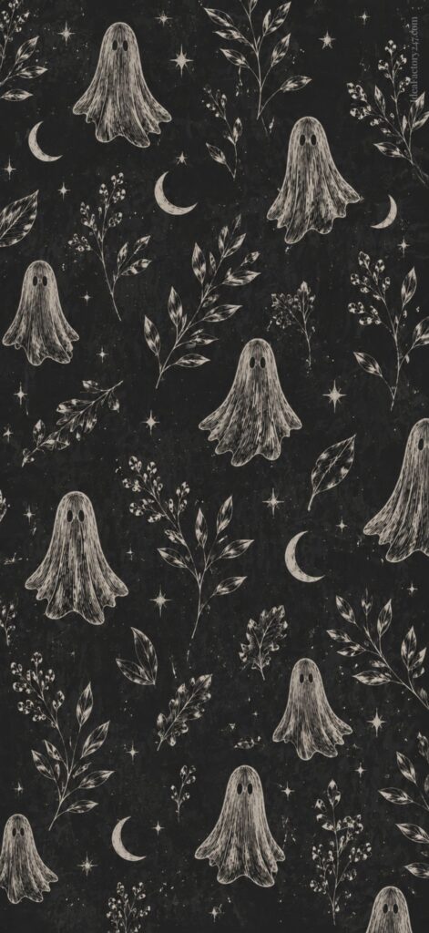 Hand-drawn ghosts, crescent moons, stars, and leafy branches are scattered on a black background, creating a whimsical, spooky pattern.