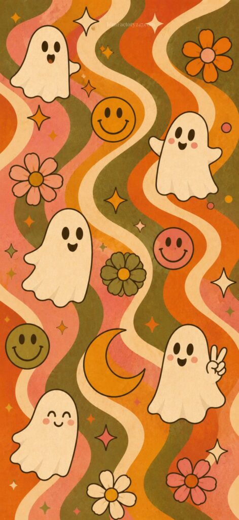 Cute cartoon ghosts, smiley faces, flowers, stars, and a crescent moon on a retro wavy orange, brown, green, and cream background. The ghosts are happy and playful, creating a cheerful and whimsical vibe.