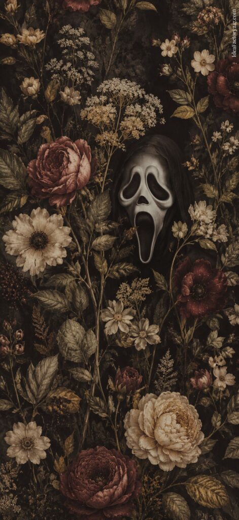 A white Ghostface mask is partially hidden among dark, vintage-style flowers and leaves, blending eerie horror with classic floral art.