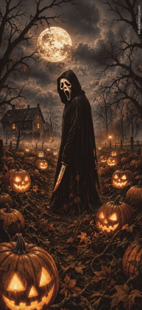 A hooded figure in a white mask stands with a knife among glowing jack-o-lanterns, under a full moon in a spooky, foggy landscape with bare trees and a haunted house in the background.