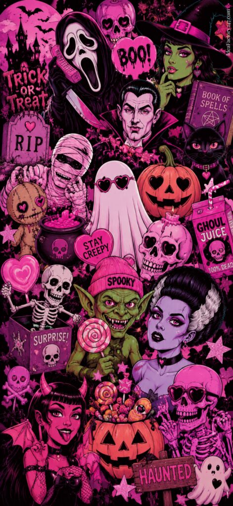 Colorful Halloween collage with cartoonish monsters like Dracula, a mummy, ghost, witch, goblin, and Bride of Frankenstein, plus pumpkins, skulls, bats, candies, and festive phrases in purple, pink, and orange tones.