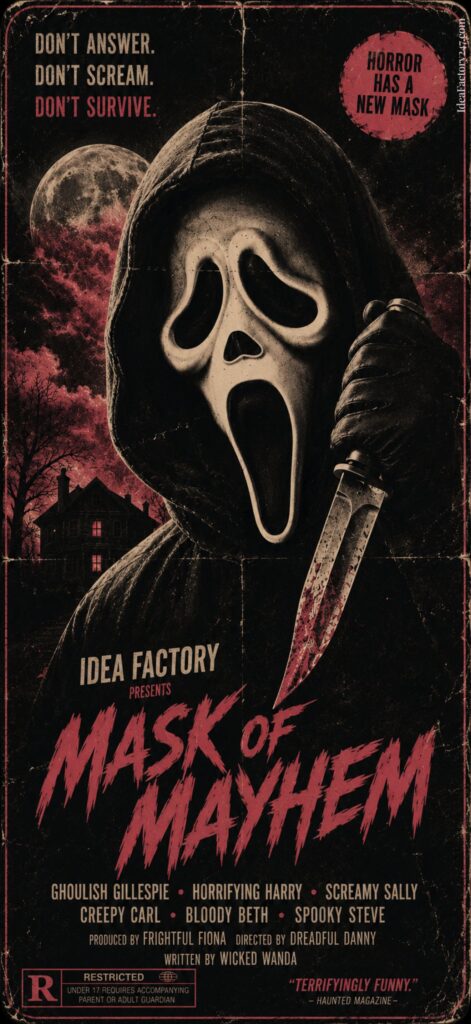 A horror movie poster features a masked figure holding a bloody knife, with a dark house in the background. Text reads, Mask of Mayhem, and highlights the films cast, rating, and chilling tagline.