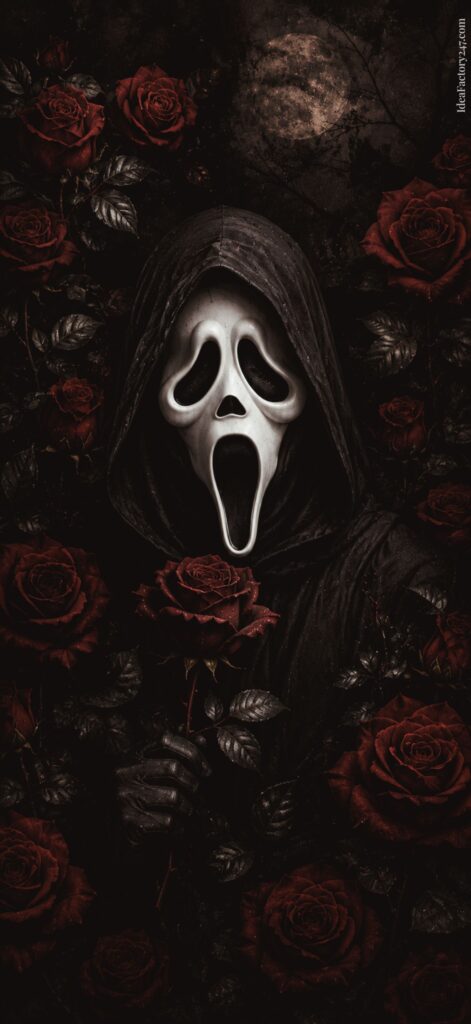 A figure in a black hood and white “Scream” mask stands surrounded by dark red roses, holding one rose. The background is shadowy with a full moon partially visible at the top.