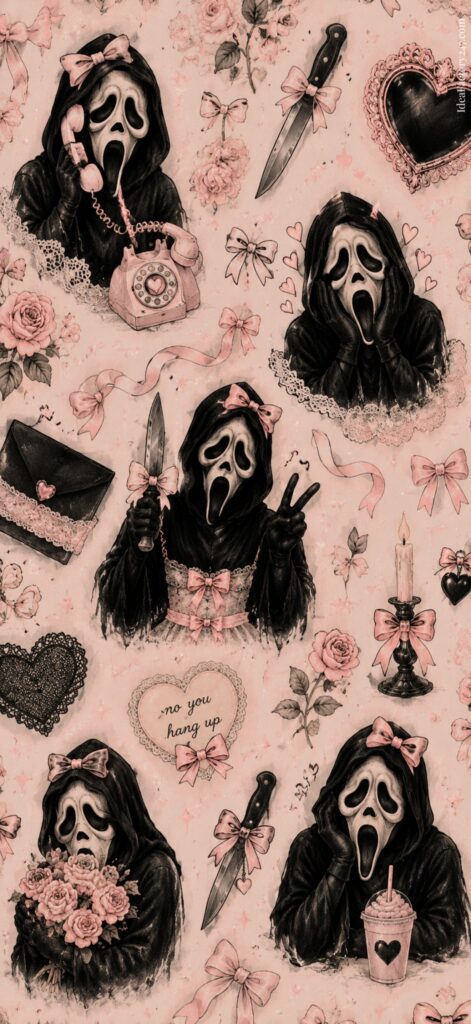 Cartoonish Ghostface characters in pink bows pose with knives, phones, flowers, and hearts on a pastel background with roses, candles, and envelopes. The style is cute and gothic.