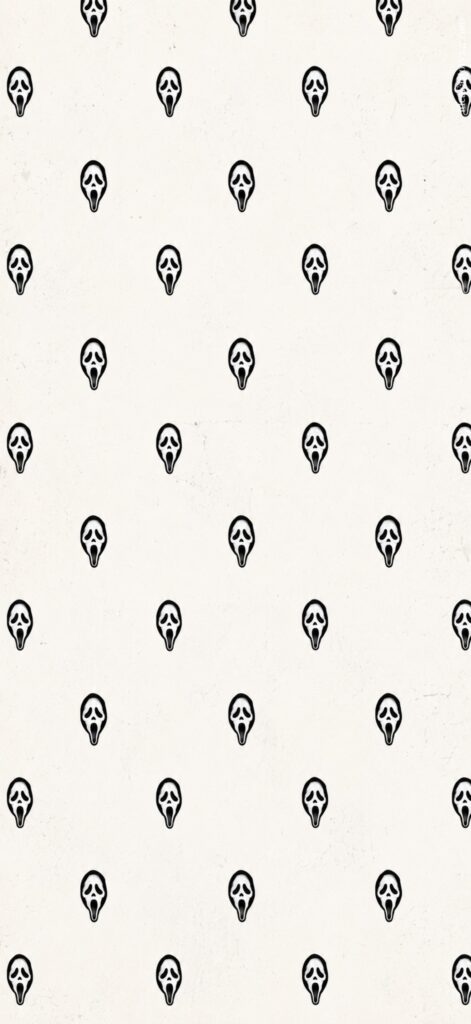 Pattern of evenly spaced, small black and white stylized screaming faces on a light beige background. The faces resemble minimalist, cartoonish masks repeating in a grid.