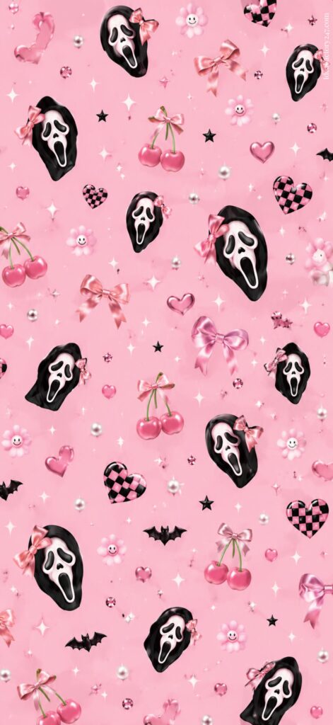 Pink background with scattered Scream masks, cherries, black bats, hearts, bows, pearls, stars, and sparkles, creating a mix of cute and spooky elements.
