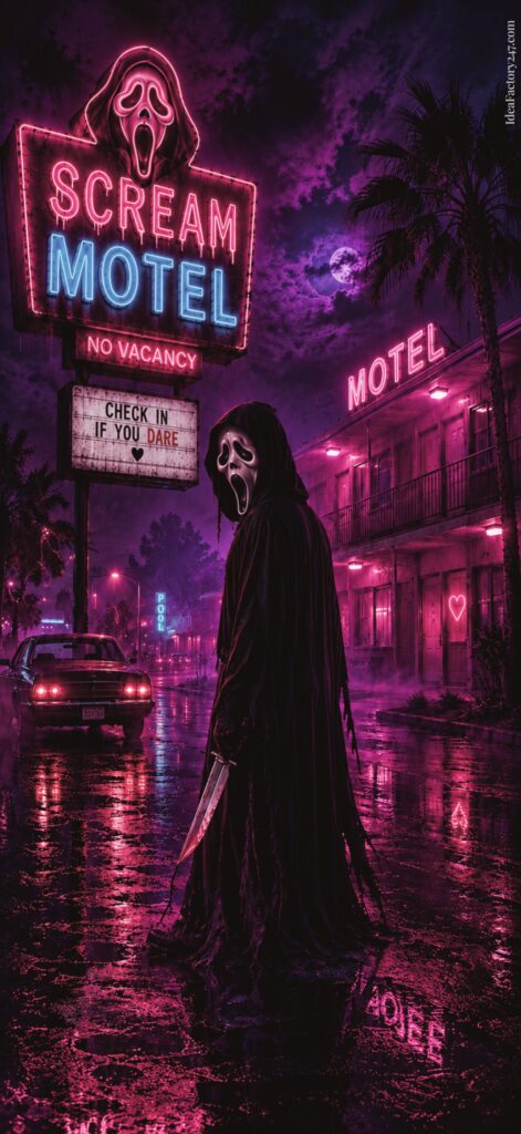 A figure in a dark cloak and Ghostface mask holds a knife outside a neon-lit Scream Motel at night, with glowing pink signs and wet, reflective pavement.