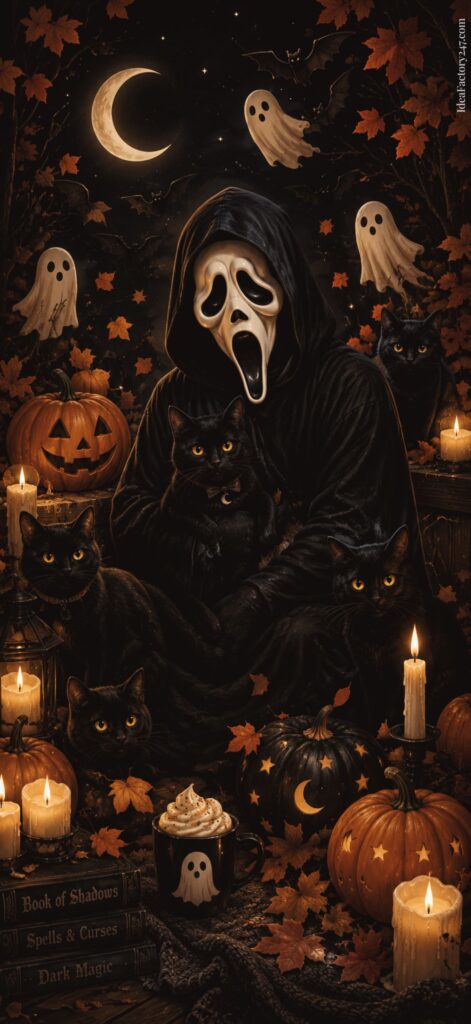 A person in a Scream mask sits among black cats, pumpkins, candles, and autumn leaves, with floating ghost decorations and a crescent moon in the night sky. Spooky books and a mug topped with whipped cream are nearby.
