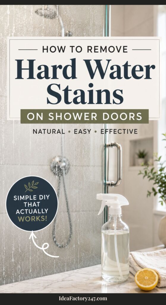 A glass shower door with hard water stains on shower doors, a spray bottle, a lemon, and text about a simple DIY method to remove hard water stains naturally and effectively.