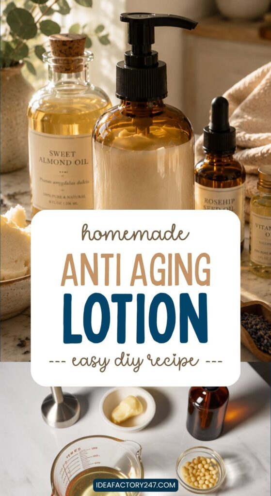 Bottles of sweet almond oil, rosehip serum, and vitamin E beside a pump bottle of homemade lotion, with text: Homemade Anti Aging Lotion - Easy DIY Recipe. Ingredients and tools are shown below.