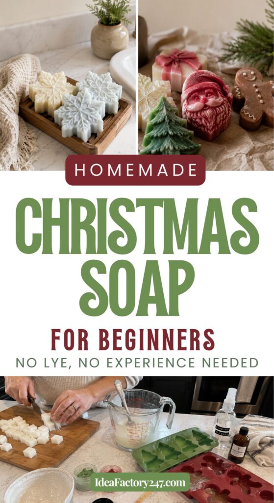 Christmas-themed soaps in various shapes on a tray, a felt homemade sign, and step-by-step images show soap making with molds and supplies. Text advertises homemade Christmas soap for beginners with no lye or experience needed.