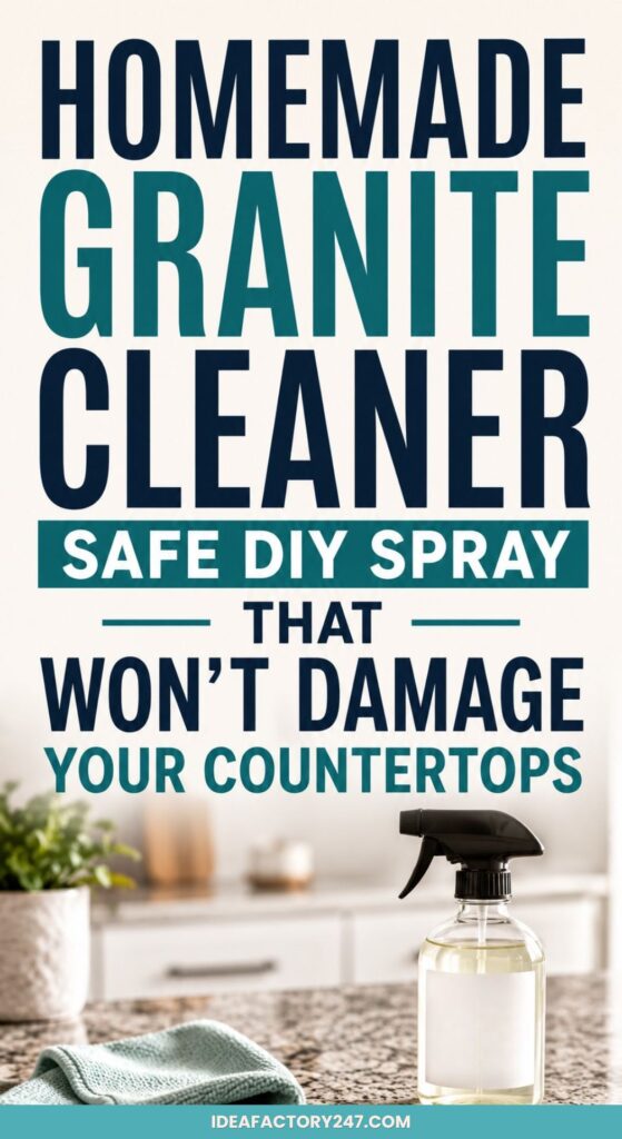 Text reads: “Homemade granite cleaner. Safe DIY spray that won’t damage your countertops and works great for tackling hard water stains on shower doors.” Below is a spray bottle on a counter, next to a potted plant and a towel, with a kitchen background.