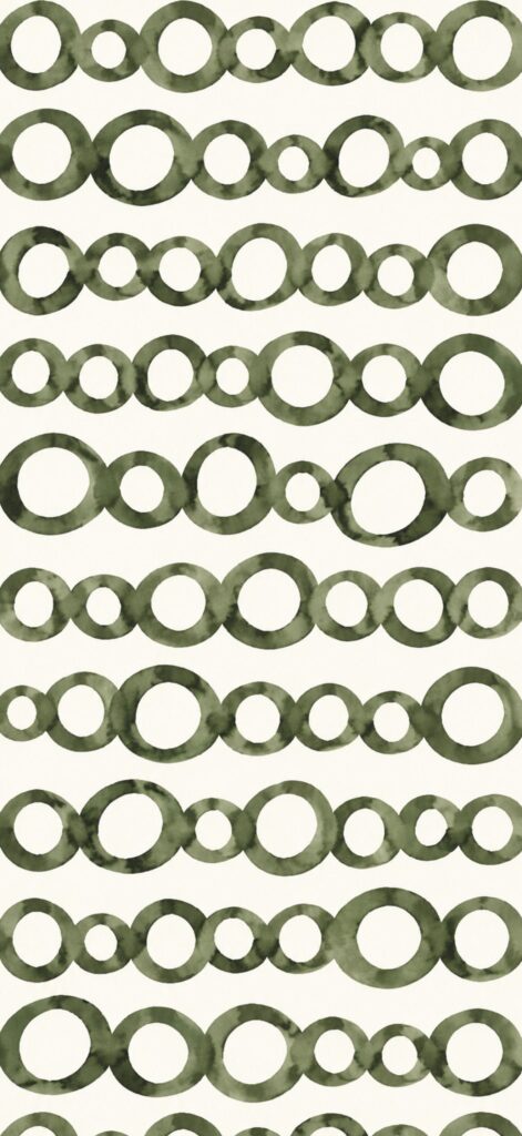Rows of hand-painted, watercolor green circles of varying sizes form a repeating pattern on a light background. The circles overlap slightly, creating an organic, abstract design.