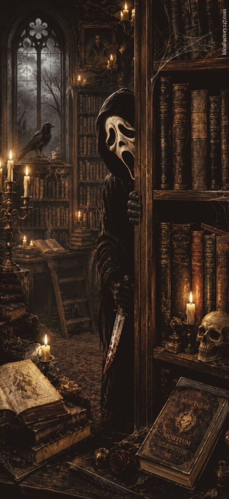 A figure in a Scream mask and dark cloak holds a bloody knife, peering from behind a bookshelf in a dim, candlelit library filled with old books, a skull, and a raven by the window.