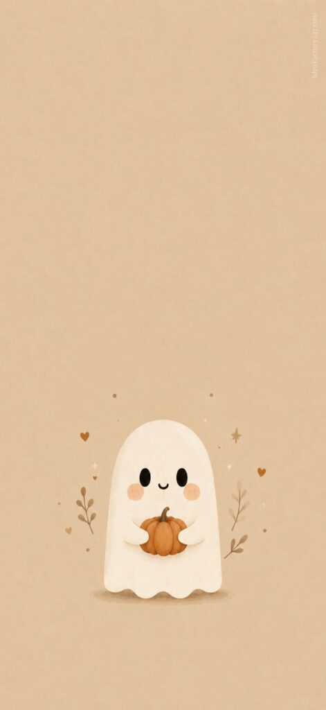Cute cartoon ghost with rosy cheeks holds a small pumpkin, surrounded by tiny hearts, stars, and branches on a beige background.