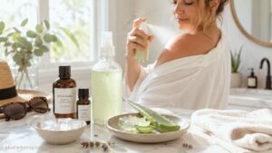 A woman sprays a green liquid on her shoulder in a bright bathroom. On the counter are glass bottles, a bowl of aloe vera, ice, and a straw hat, with sunlight streaming in.