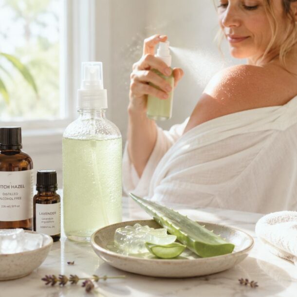 A woman sprays a green liquid on her shoulder in a bright bathroom. On the counter are glass bottles, a bowl of aloe vera, ice, and a straw hat, with sunlight streaming in.