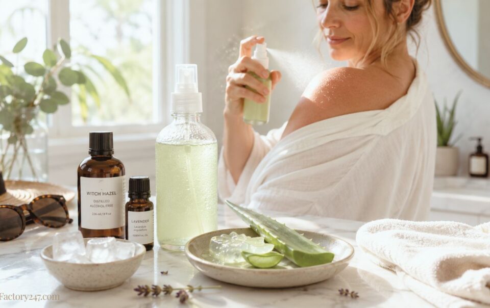 A woman sprays a green liquid on her shoulder in a bright bathroom. On the counter are glass bottles, a bowl of aloe vera, ice, and a straw hat, with sunlight streaming in.