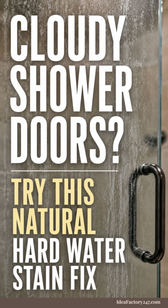 A glass shower door with white stains and bold text: “Cloudy shower doors? Try this natural hard water stains on shower doors fix.”.