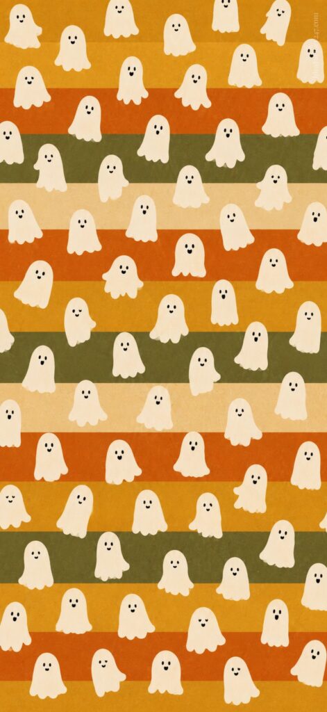 Cute cartoon ghosts with happy faces scattered across wavy orange, yellow, green, and beige stripes, creating a playful Halloween-themed pattern.
